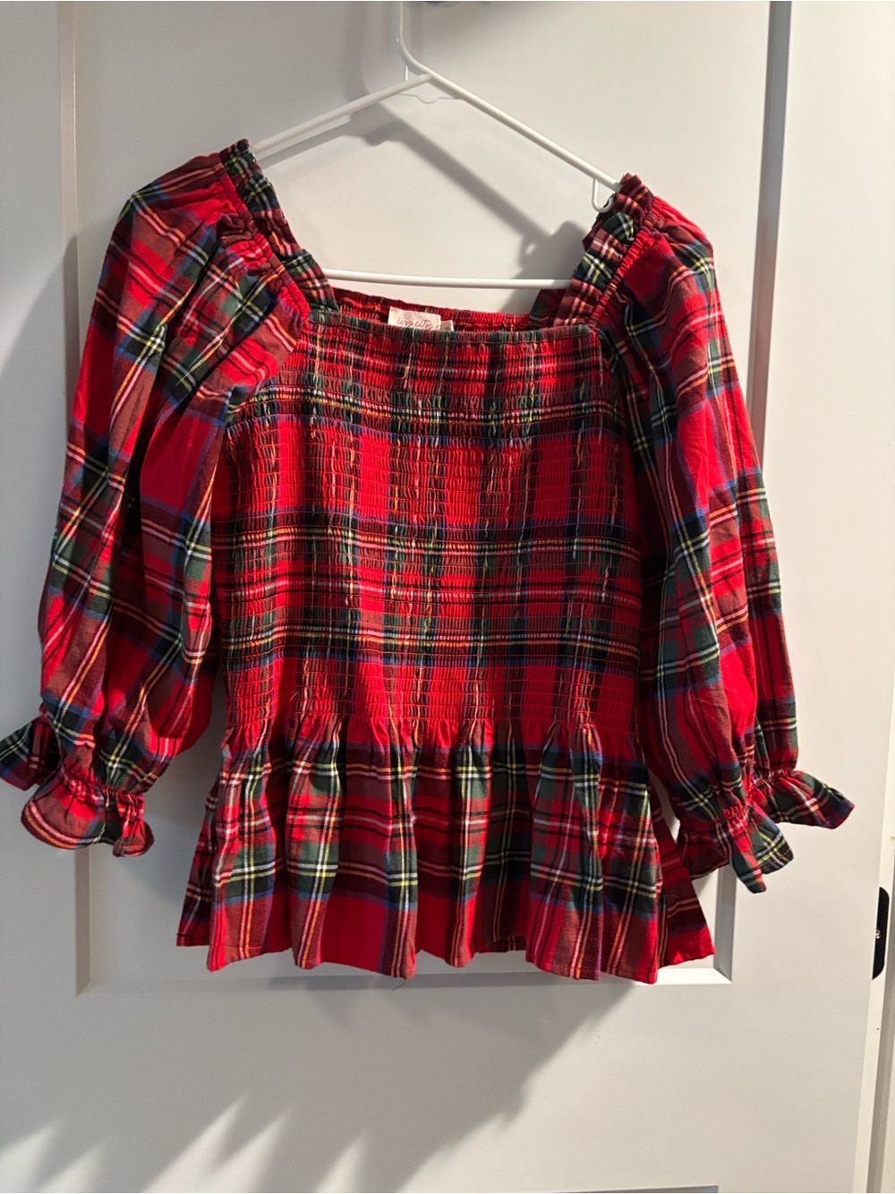 Ivy City Co Red Plaid Smocked Peplum Blouse